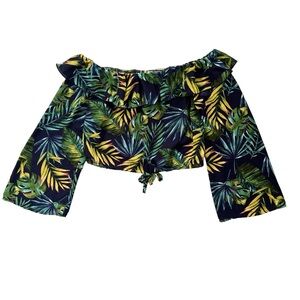 L Love Women’s M Blue Green Tropical Print Off Shoulder Long Sleeve, Crop Blouse